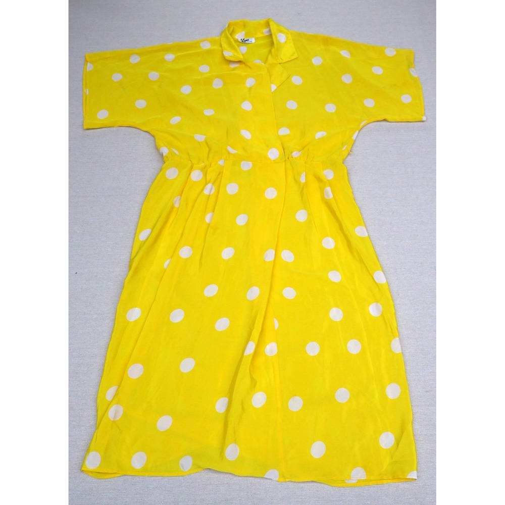 Vintage 80s Koko New York Womens Shirtdress Yellow White Polka Dot Dolman Sleeve